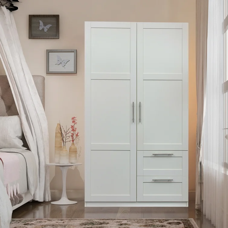 High Quality White 2 Doors Built In Clothing Rods And Shelves/2 Drawers Designed Armoire Wardrobes Wooden Closets