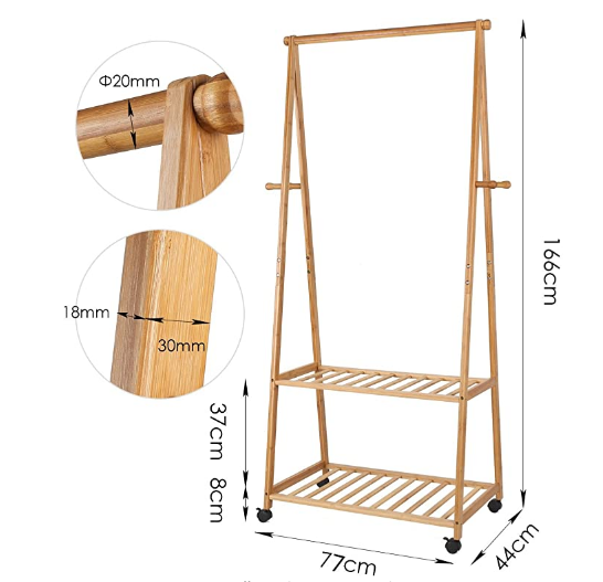 Rolling Coat Rack Bamboo Coat Stand Clothes Hanging Rail Garment Rack 2 Tiers 4 Hooks Shoes Hat Rack Home Office