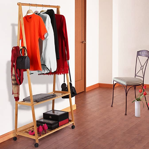 Rolling Coat Rack Bamboo Coat Stand Clothes Hanging Rail Garment Rack 2 Tiers 4 Hooks Shoes Hat Rack Home Office