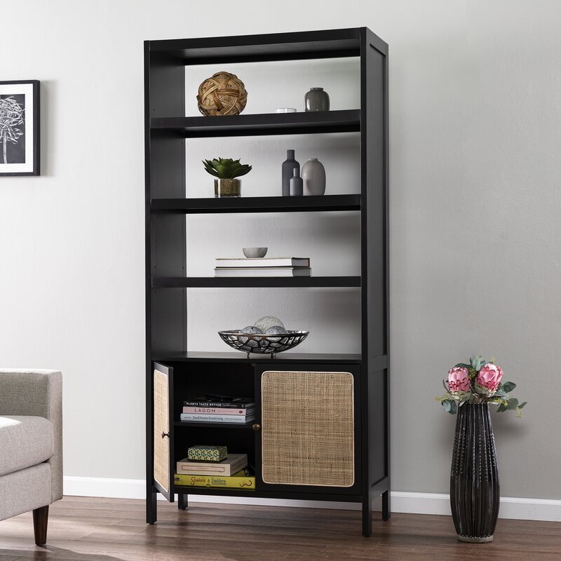 Rattan Bookshelf with 2 rattan Drawers for living room Bookcase 5 Tier Free Standing Storage Organizer book shelf