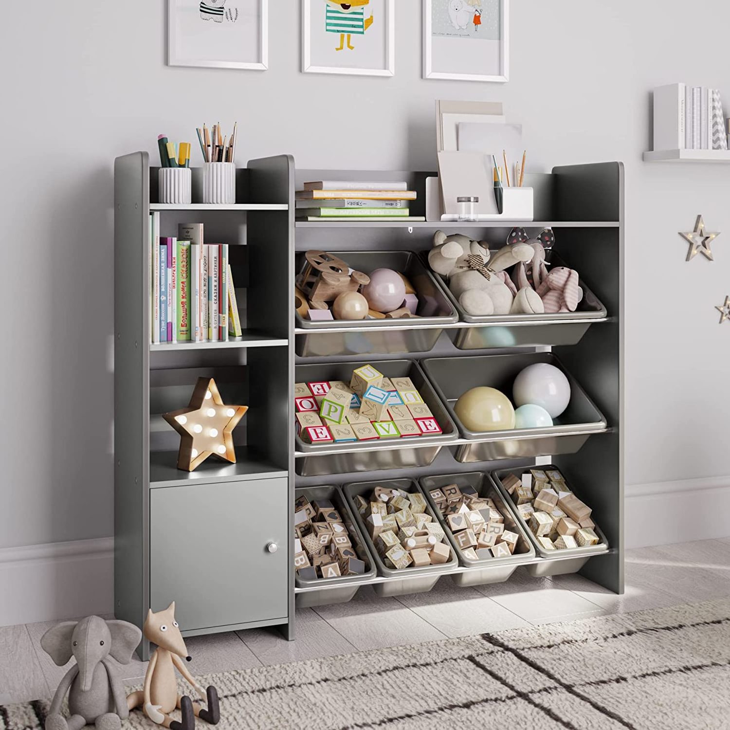 Kids Toy Storage box rack Organizer with Kids Toy Shelf and Gray Toy Bins