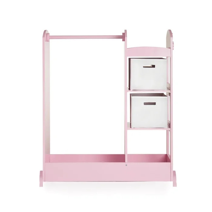 Wooden Dress Up Storage Kids Costume Organizer Center Open Hanging Closet Unit Kids Furniture with Hooks and Mirror Pink