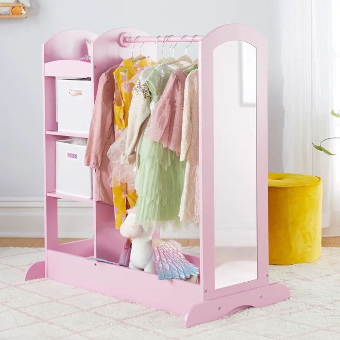 Wooden Dress Up Storage Kids Costume Organizer Center Open Hanging Closet Unit Kids Furniture with Hooks and Mirror Pink