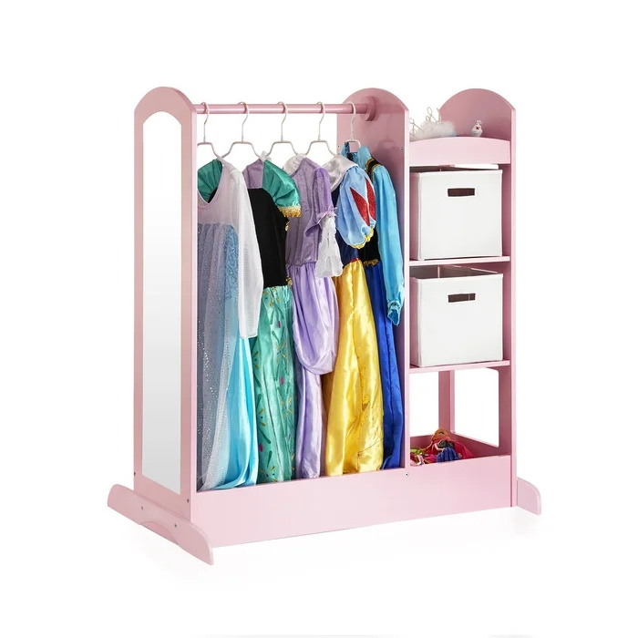 Wooden Dress Up Storage Kids Costume Organizer Center Open Hanging Closet Unit Kids Furniture with Hooks and Mirror Pink