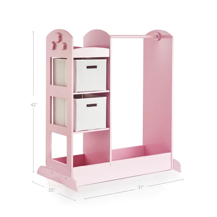 Wooden Dress Up Storage Kids Costume Organizer Center Open Hanging Closet Unit Kids Furniture with Hooks and Mirror Pink