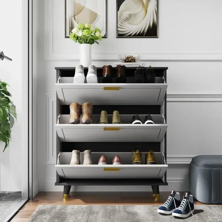 Modern Narrow White Shoe Cabinet with 3 Flip-Drawers Freestanding Shoe Rack Organizer