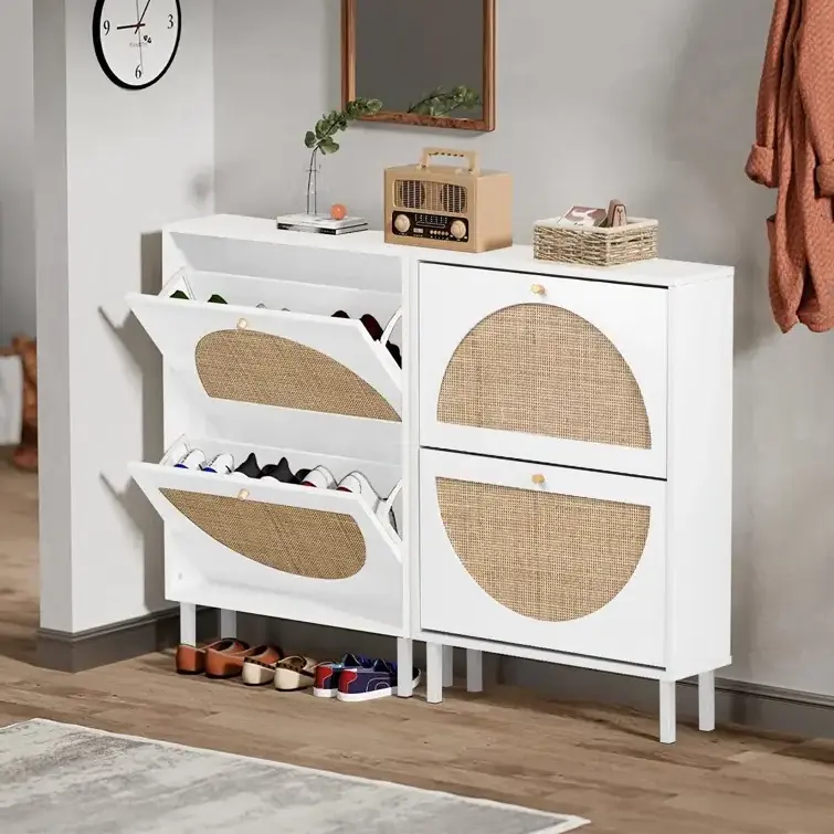 Shoe stool features a classic warm white wood-grain color and natural rattan leather trim 6 Pair Shoe Storage Cabinet