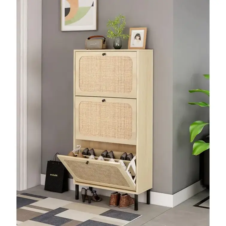 3 Flip Drawer Shoe Cabinet Natural Rattan Shoe Cabinet Organizer Freestanding Wooden Shoe Rack Storage Cabinet