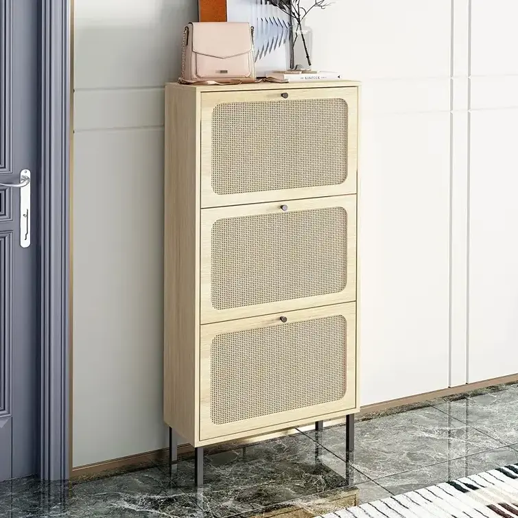 3 Flip Drawer Shoe Cabinet Natural Rattan Shoe Cabinet Organizer Freestanding Wooden Shoe Rack Storage Cabinet