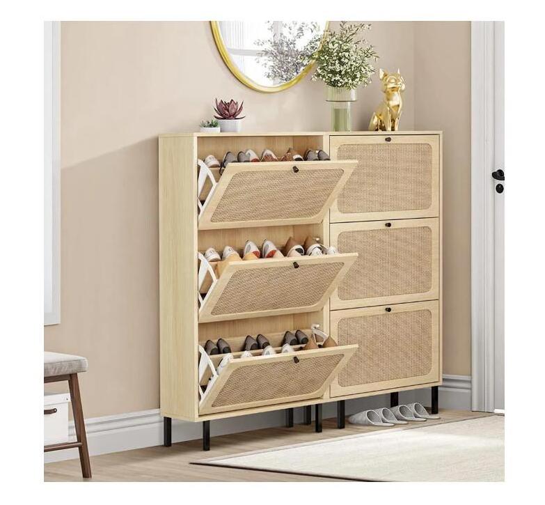 3 Flip Drawer Shoe Cabinet Natural Rattan Shoe Cabinet Organizer Freestanding Wooden Shoe Rack Storage Cabinet