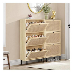 3 Flip Drawer Shoe Cabinet Natural Rattan Shoe Cabinet Organizer Freestanding Wooden Shoe Rack Storage Cabinet