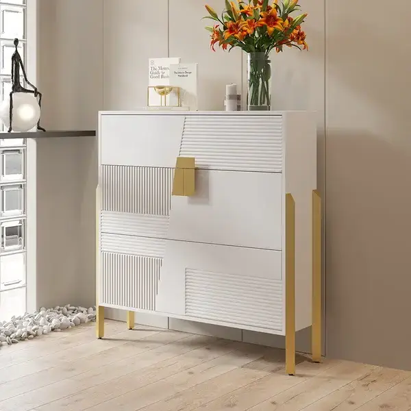 Modern Entryway Shoe Rack White Shoe Storage Cabinet with 2 Flip Doors & 1 Drawer Golden Legs Narrow Shoe Cabinet