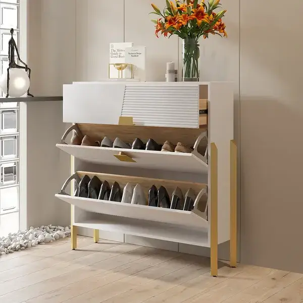 Modern Entryway Shoe Rack White Shoe Storage Cabinet with 2 Flip Doors & 1 Drawer Golden Legs Narrow Shoe Cabinet