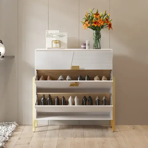 Modern Entryway Shoe Rack White Shoe Storage Cabinet with 2 Flip Doors & 1 Drawer Golden Legs Narrow Shoe Cabinet