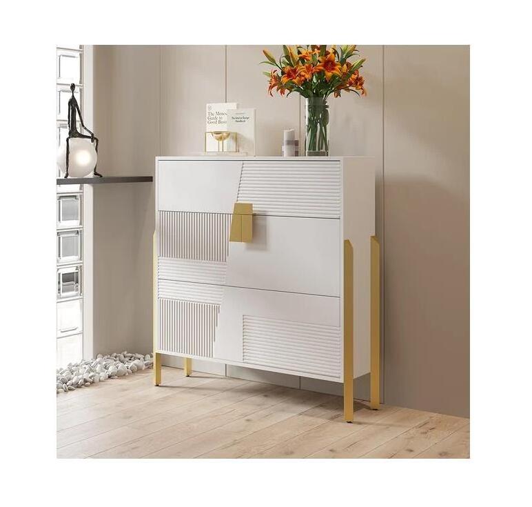 Modern Entryway Shoe Rack White Shoe Storage Cabinet with 2 Flip Doors & 1 Drawer Golden Legs Narrow Shoe Cabinet