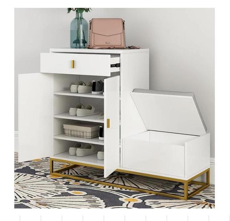 White Shoe Storage Bench 4 Shelves PU Leather Upholstered Shoe with Drawers & Flip Top Shoe Cabinet