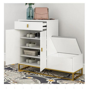 White Shoe Storage Bench 4 Shelves PU Leather Upholstered Shoe with Drawers & Flip Top Shoe Cabinet