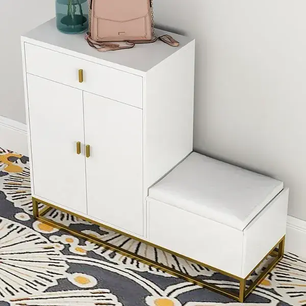 White Shoe Storage Bench 4 Shelves PU Leather Upholstered Shoe with Drawers & Flip Top Shoe Cabinet