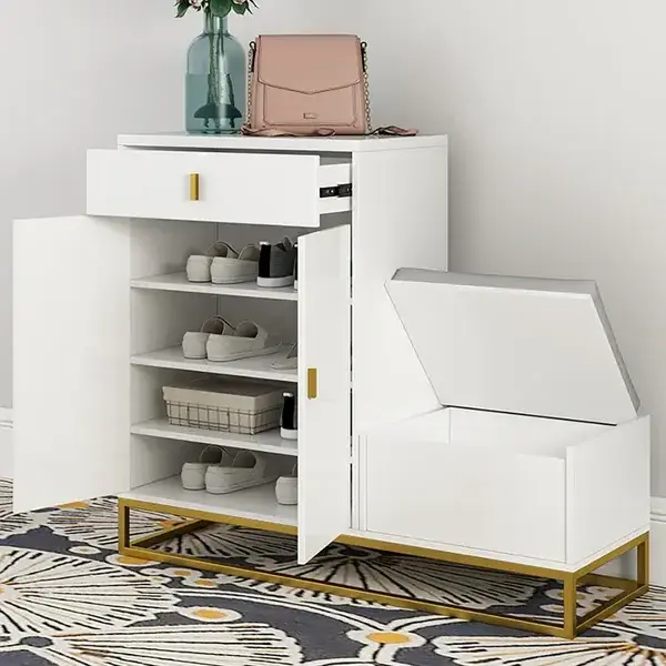 White Shoe Storage Bench 4 Shelves PU Leather Upholstered Shoe with Drawers & Flip Top Shoe Cabinet