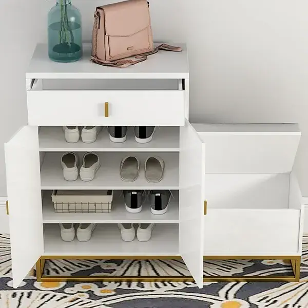 White Shoe Storage Bench 4 Shelves PU Leather Upholstered Shoe with Drawers & Flip Top Shoe Cabinet