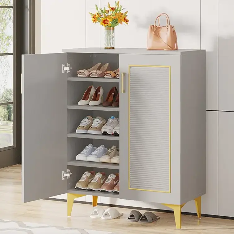 20 Pair Shoe Storage Cabinet Features two double doors that open widely to reveal five tier shoe racks