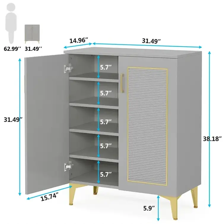 20 Pair Shoe Storage Cabinet Features two double doors that open widely to reveal five tier shoe racks