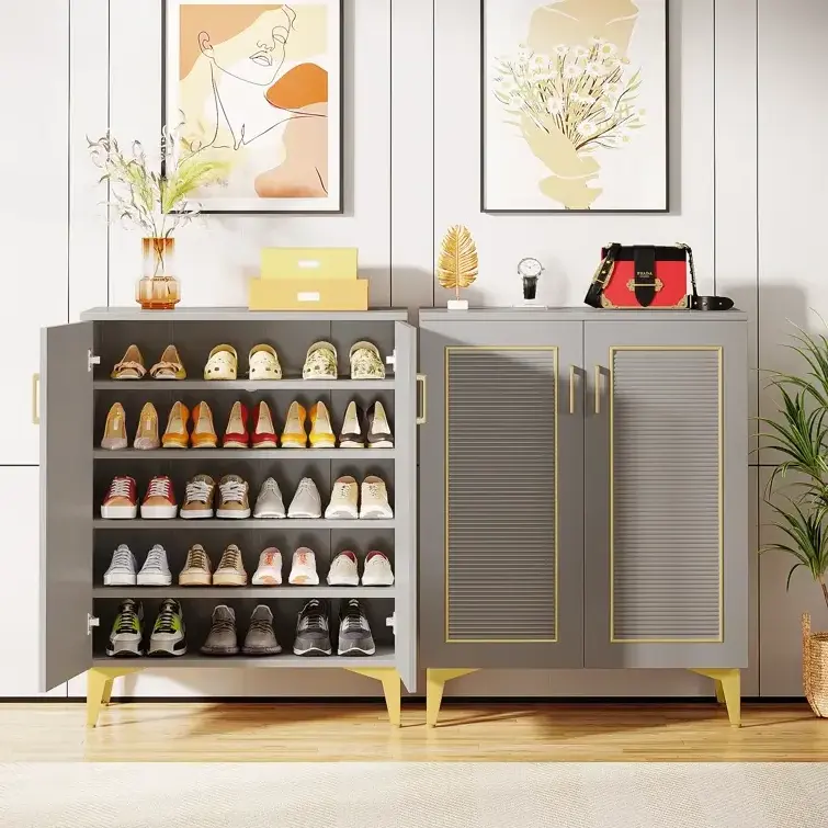 20 Pair Shoe Storage Cabinet Features two double doors that open widely to reveal five tier shoe racks