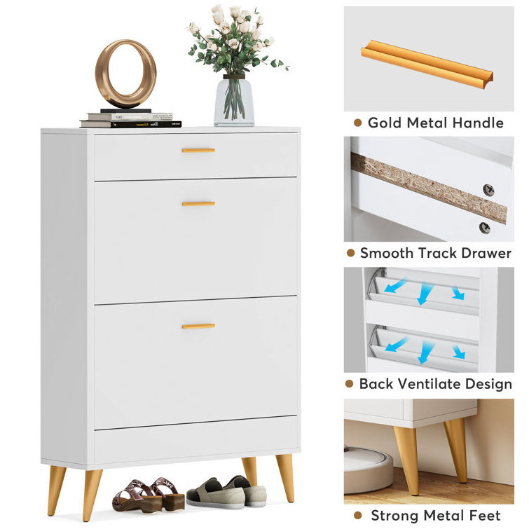 White Luxury Shoe Cabinet with 16 Pairs Shoe Storage Rack with Small Drawer to Save Space Shoe Organizers Living Room