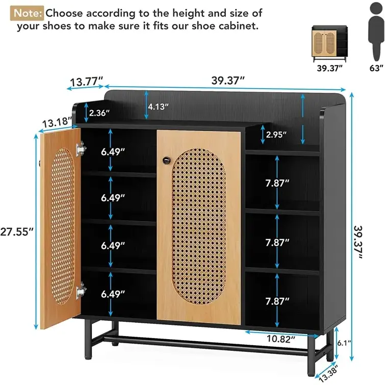 18 Pair Shoe Storage Cabinet features rattan doors that provide 4-tiers hidden shelves freestanding shoe cabinet