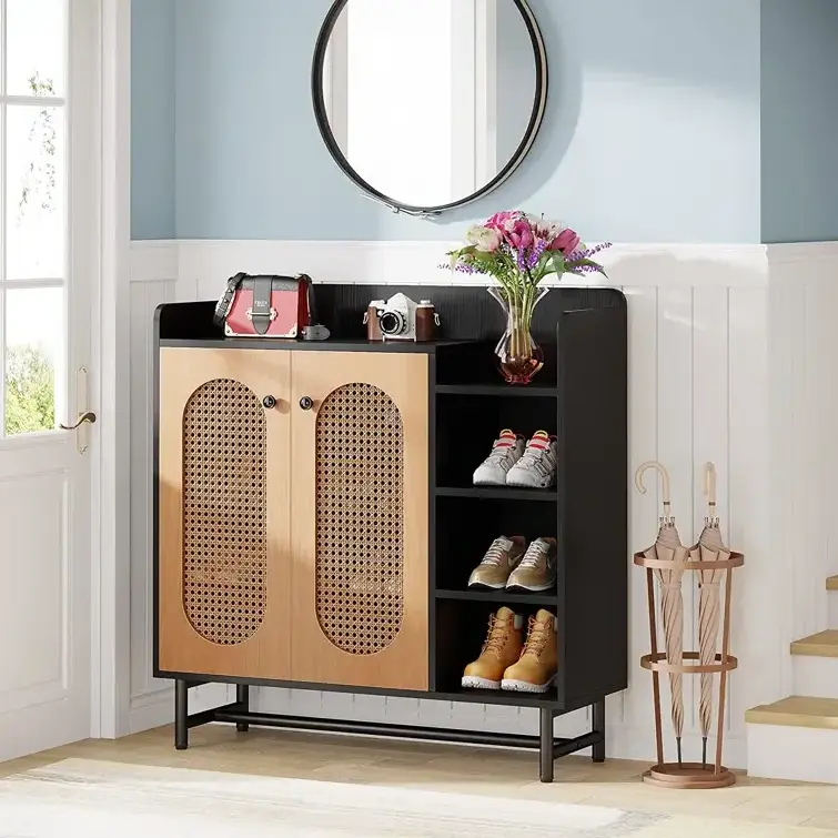 18 Pair Shoe Storage Cabinet features rattan doors that provide 4-tiers hidden shelves freestanding shoe cabinet