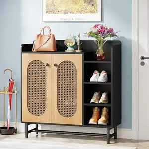 18 Pair Shoe Storage Cabinet features rattan doors that provide 4-tiers hidden shelves freestanding shoe cabinet