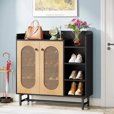 18 Pair Shoe Storage Cabinet features rattan doors that provide 4-tiers hidden shelves freestanding shoe cabinet