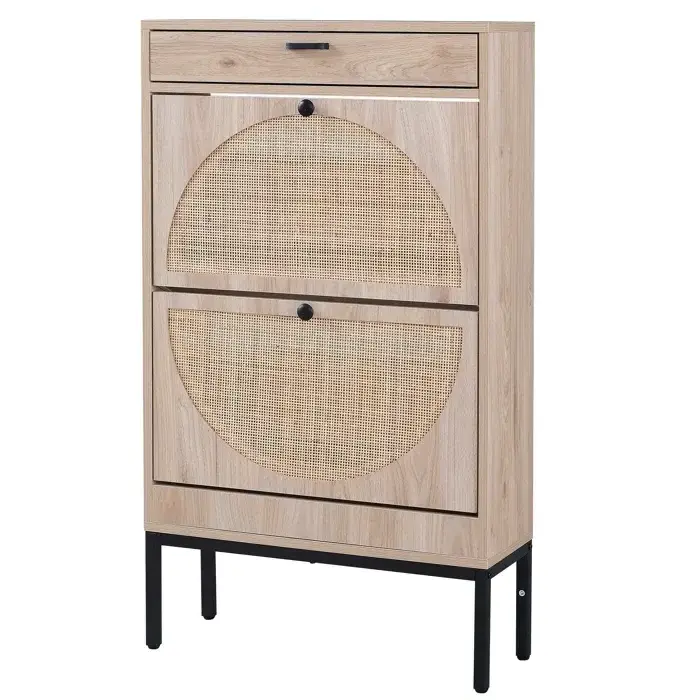 Rattan Shoe Storage Cabinet with 2 Flip Drawers and 1 Small Drawer Slim Entryway Shoe Organizer