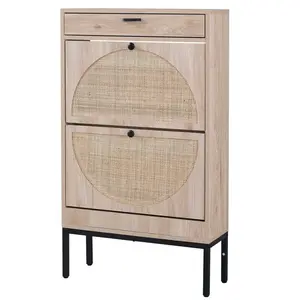 Rattan Shoe Storage Cabinet with 2 Flip Drawers and 1 Small Drawer Slim Entryway Shoe Organizer