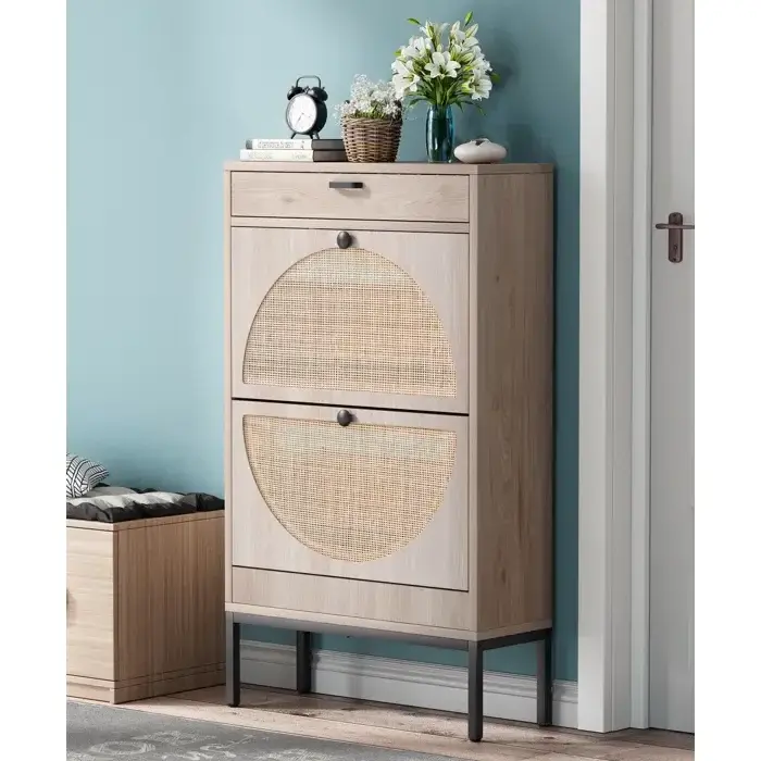 Rattan Shoe Storage Cabinet with 2 Flip Drawers and 1 Small Drawer Slim Entryway Shoe Organizer