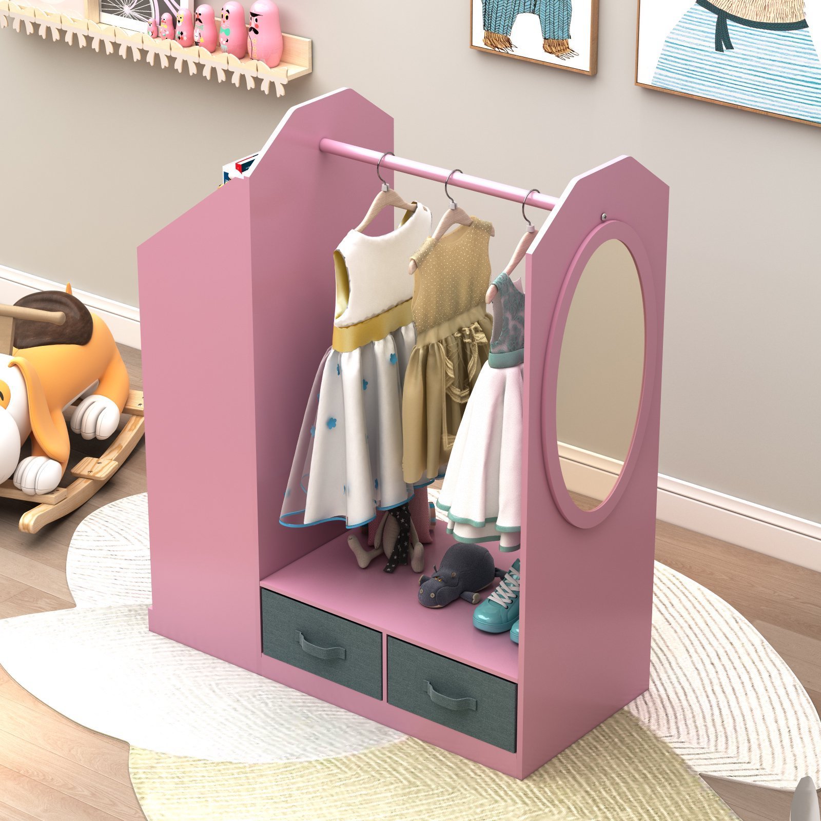 Garment Rack for Pets/Dolls/Baby Dress up Storage with Drawers and Mirror Home Furnishing Kid's Clothes Hanger