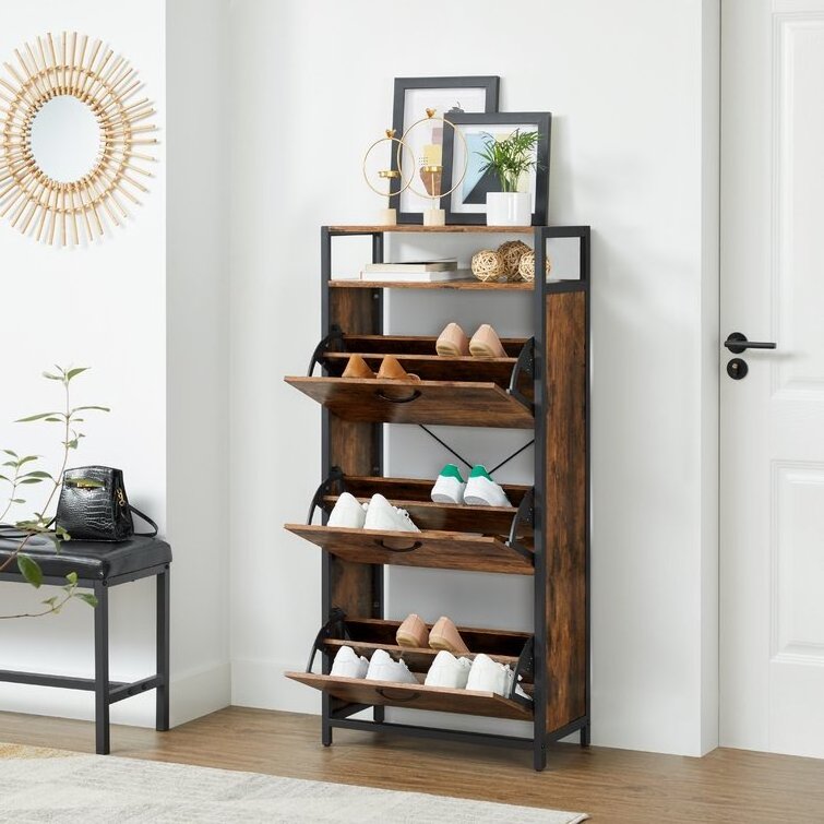 Wooden Rustic Shoe Cabinet with 18 Pairs Freestanding Shoe Rack to Save Space and Display Hallway Furniture