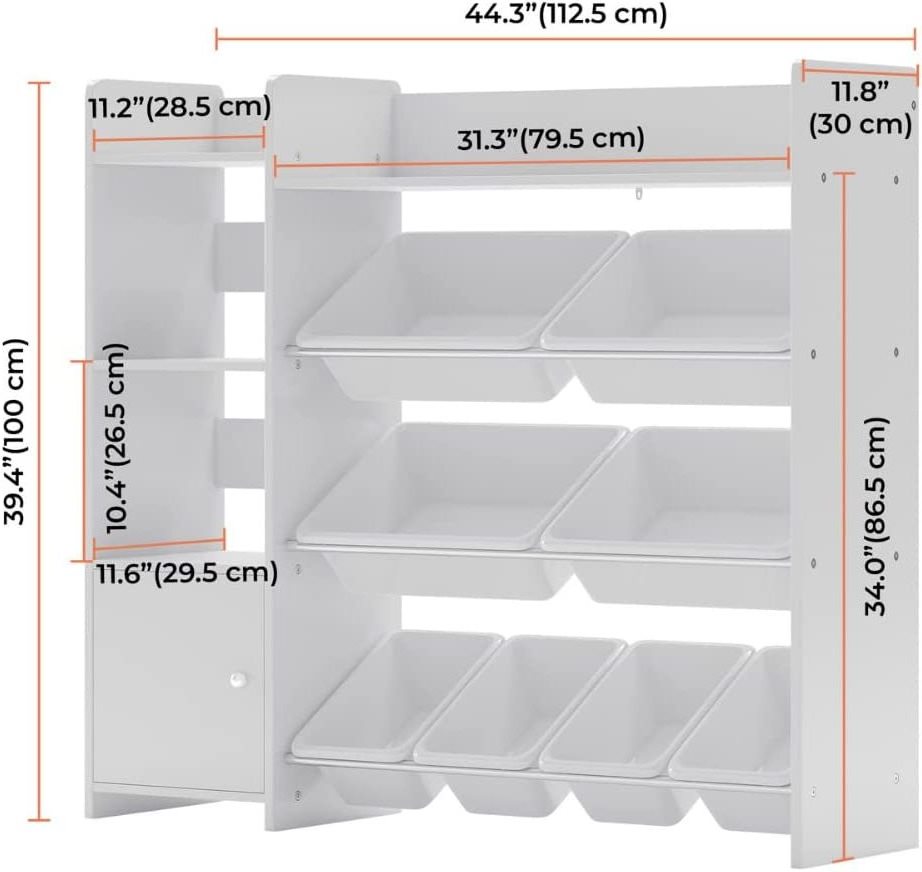 White Kids Toy Storage box rack Organizer with Kids Toy Shelf and Gray Toy Bins with large storage