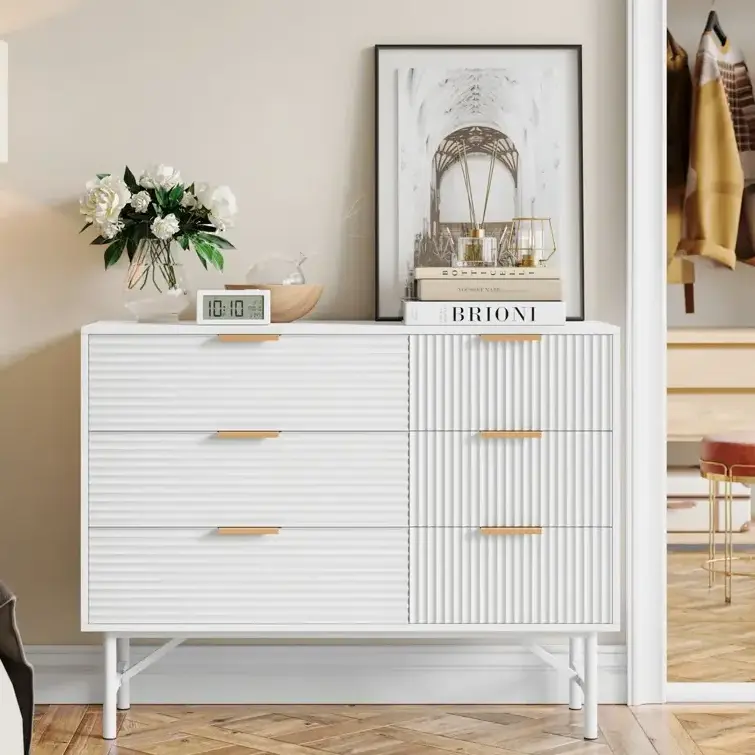 White Dresser for Bedroom, 6 Drawer Double Dresser with Deep Drawers and Metal Handles, Wood Dressers