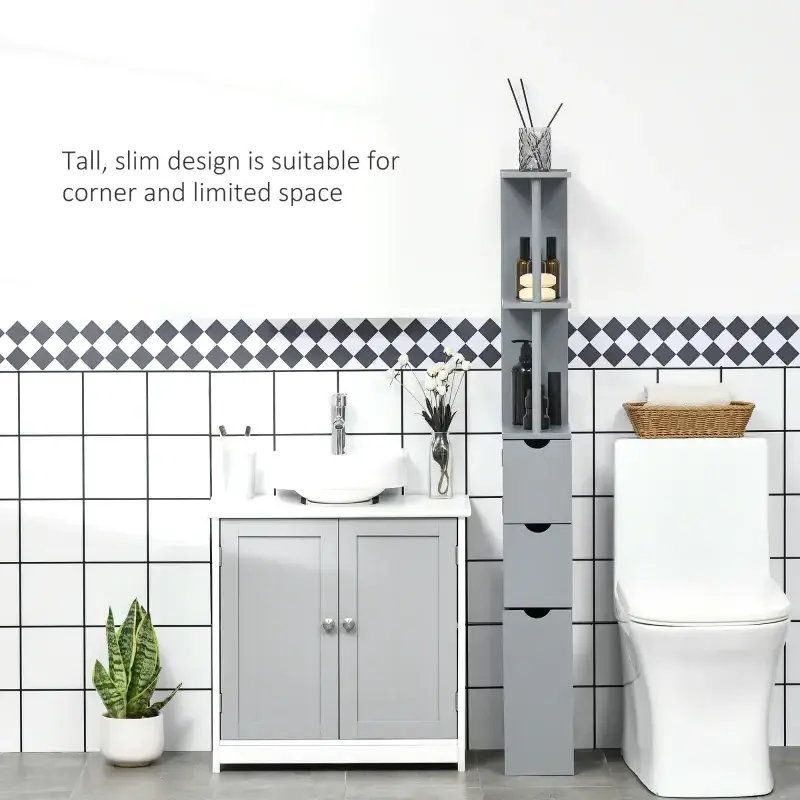 Tall Bathroom Storage Cabinet, Freestanding Linen Tower with 2-Tier Shelf and Drawers, Narrow Side Floor Organizer