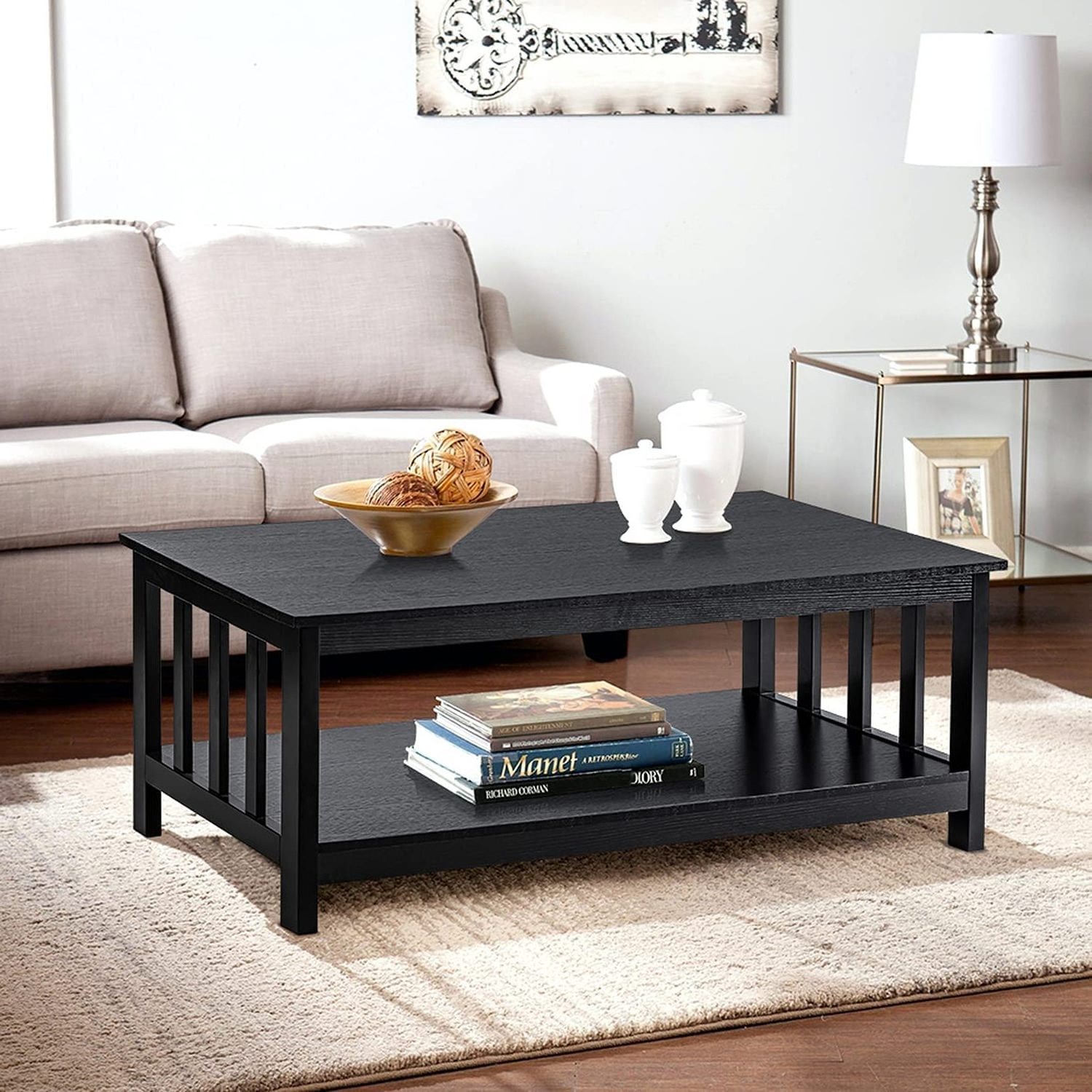 Modern Simple Black Wooden Coffee Table with  Shelf and Slatted Sides for Living Room and Office Room