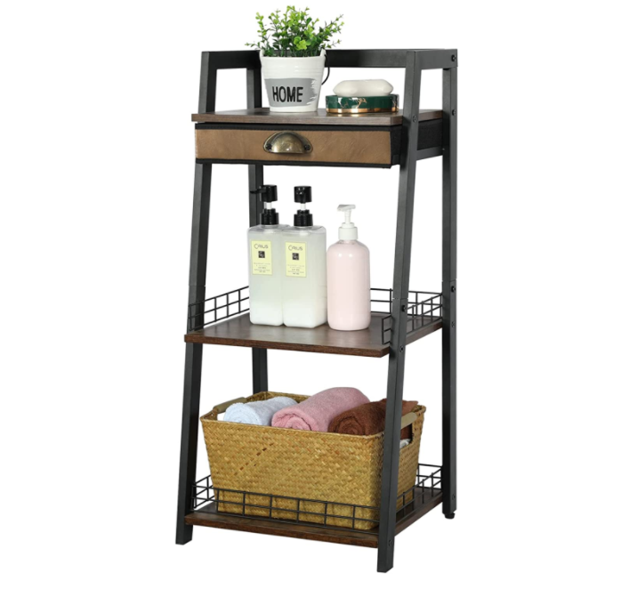 Multi-functional Ladder Shelf with 3 Tiers Modern Storage Rack with Drawer for Living Room and Bathroom