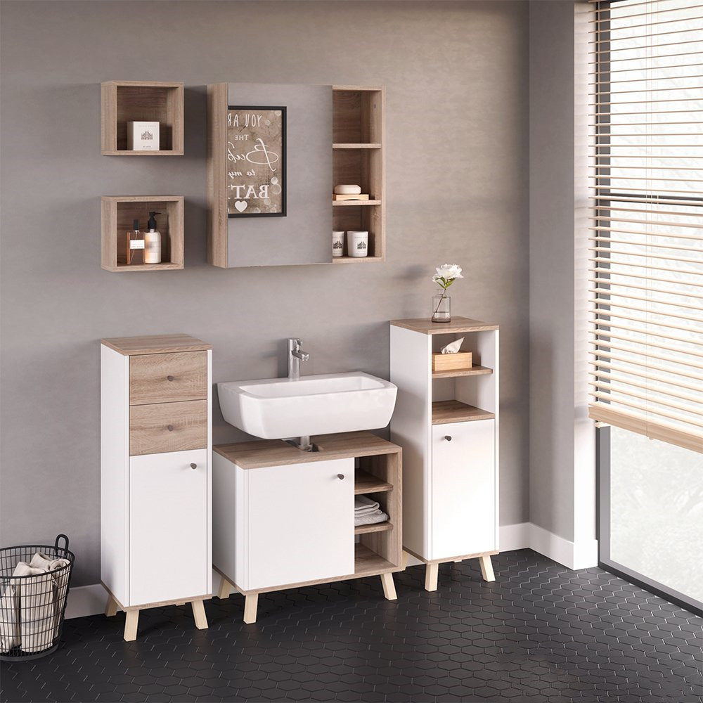 White Under Basin Storage Cabinet Unit Oak Cupboard Unit for Washbasin