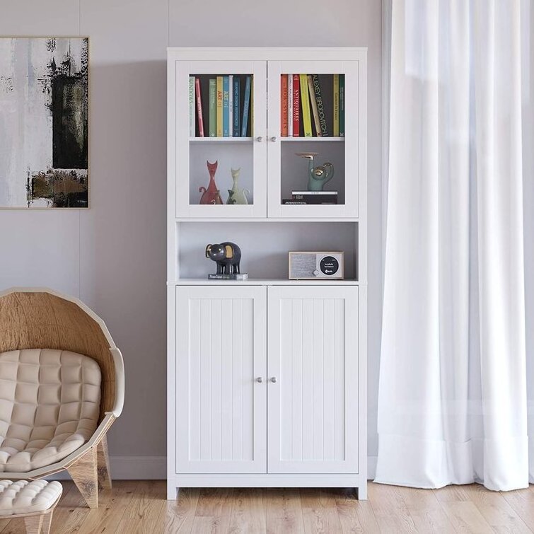 Wooden Kitchen Pantry with 2 Glass Doors and 1 Open Shelf Freestanding Modern Buffet Cupboards Sideboard Design