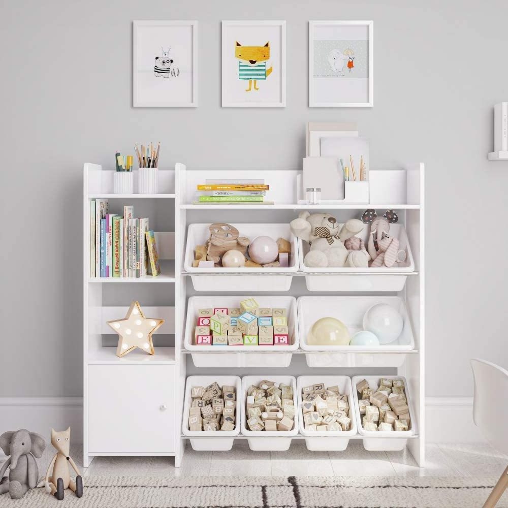 White Kids Toy Storage box rack Organizer with Kids Toy Shelf and Gray Toy Bins with large storage