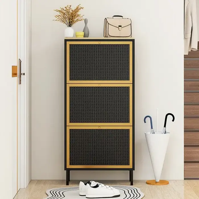 Entryway Shoe Storage Cabinet with 3 Flip Drawers Metal Door Shoe Cabinet Organizer Mesh Door Shoe Organizer