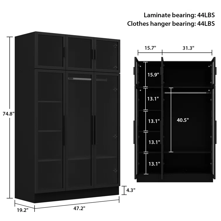 Big Classical AntiqueBlack Wood Wardrobe Closet Storage Cabinet Armoire with Partitions and Clothes Rail and light