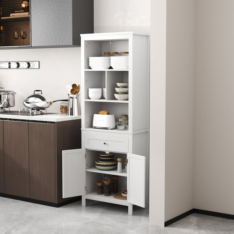 Stylish White Tall Kitchen Pantry with 5 Shelves and 1 Drawer for Dining Room and Living Room