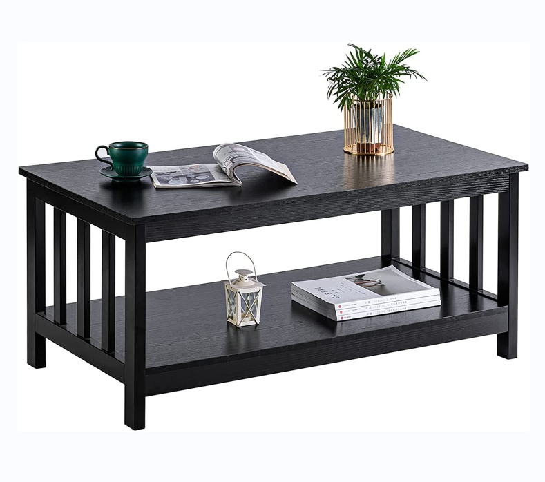 Modern Simple Black Wooden Coffee Table with  Shelf and Slatted Sides for Living Room and Office Room