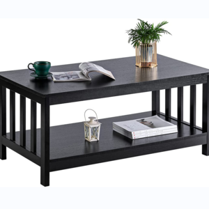 Modern Simple Black Wooden Coffee Table with  Shelf and Slatted Sides for Living Room and Office Room